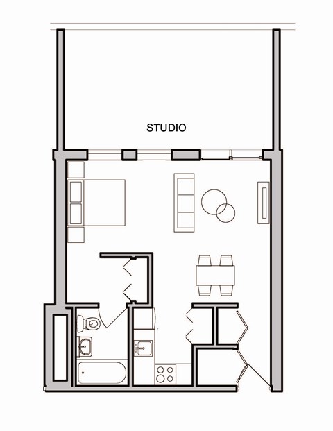 Floor plan for studio, 1 bath, 389 sqft